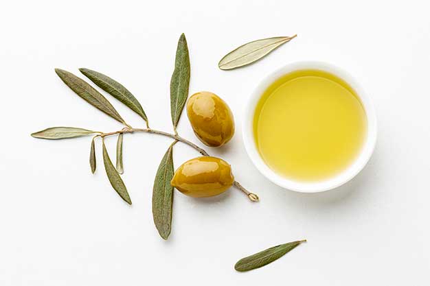 Aceitunas, rama de olivo y aceite